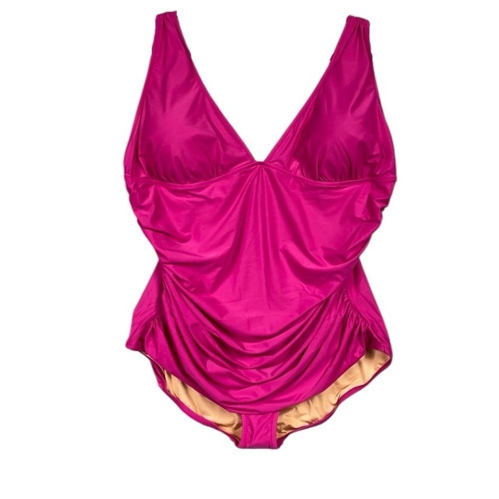 NEW J. Crew Ruched V Neck One Piece Size 24 Pink Radiant Fuchsia - Picture 2 of 10
